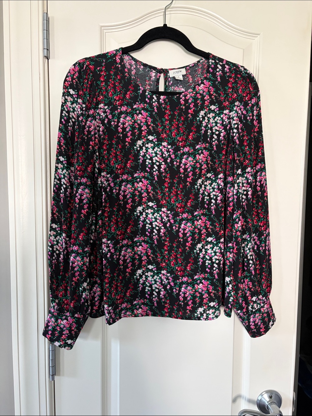 J. Crew Black Floral Long-Sleeve Blouse with Pink and White Sprays